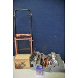 A POWERDEVIL TROLLEY TRUCK along with metal toolbox containing various tools, hammers, files,