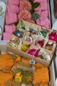 THREE BOXES OF VINTAGE CHRISTMAS BAUBLES AND TABLE CRACKERS, to include six orange crepe covered