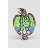 A PLIQUE A JOUR, RUBY AND AMETHYST BIRD BROOCH/PENDANT, the bird of prey with ruby set eye detail,