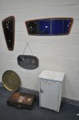 TWO MID CENTURY TEAK FRAMED WALL MIRRORS, and a frameless mirror, a Lloyd loom cupboard, an