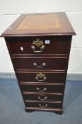 A MAHOGANY THREE DRAWER FIILNG CABINET, with tanned tooled leather inlay, width 50cm 61cm, height