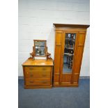 AN EDWARDIAN SATINWOOD TWO PIECE BEDROOM SUITE, comprising a single mirror door wardrobe, width 98cm