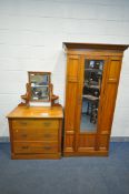 AN EDWARDIAN SATINWOOD TWO PIECE BEDROOM SUITE, comprising a single mirror door wardrobe, width 98cm