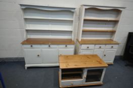 A PARTIALLY PAINTED STAG MINSTREL DRESSER, width 141cm x depth 46cm x height 171cm x height of