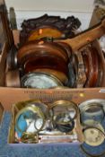 TWO BOXES OF SPARE PARTS FOR BAROMETERS AND CLOCKS, to include brass frames, faces, glass fronts and