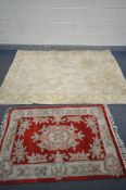 A MODERN CREAM WOOLLEN CARPET, 232cm x 159cm, and a red rug (2) (condition:-some stains to both