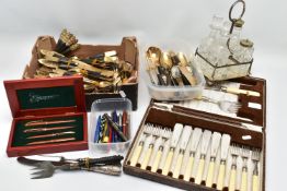 A BOX OF ASSORTED CUTLERY AND PENS, to include a 'Walker & Hall Ltd' fish cutlery set, complete with