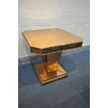 AN ART DECO ROSE GOLD MIRRORED OCCASIONAL TABLE, with canted corners, on a square tapered plinth