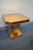 AN ART DECO ROSE GOLD MIRRORED OCCASIONAL TABLE, with canted corners, on a square tapered plinth