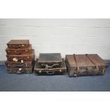 A SELECTION OF LUGGAGE, to include a vintage leather suitcase/trunk with an internal tray, width