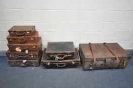 A SELECTION OF LUGGAGE, to include a vintage leather suitcase/trunk with an internal tray, width