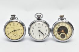 THREE OPEN FACE POCKET WATCHES, three white metal pocket watches, the first with a white dial signed