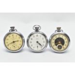 THREE OPEN FACE POCKET WATCHES, three white metal pocket watches, the first with a white dial signed