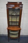 AN EDWARDIAN MAHOGANY AND BOX STUNG INLAID DISPLAY CABINET, with an astragal glazed door enclosing