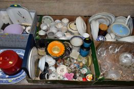 MIXED CERAMICS & GLASS, five boxes and loose to include table and kitchenware, drinking glasses,