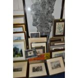 THREE BOXES AND LOOSE PICTURES AND PRINTS ETC, to include Victorian topographical prints, a signed
