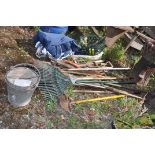 A QUANTITY OF GARDEN TOOLS, a gazebo (undetermined size), three galvanized buckets and 4 hanging