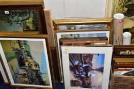 A QUANTITY OF LATER 20TH CENTURTY PRINTS ETC, to include steam train prints by Terence Cuneo, Philip