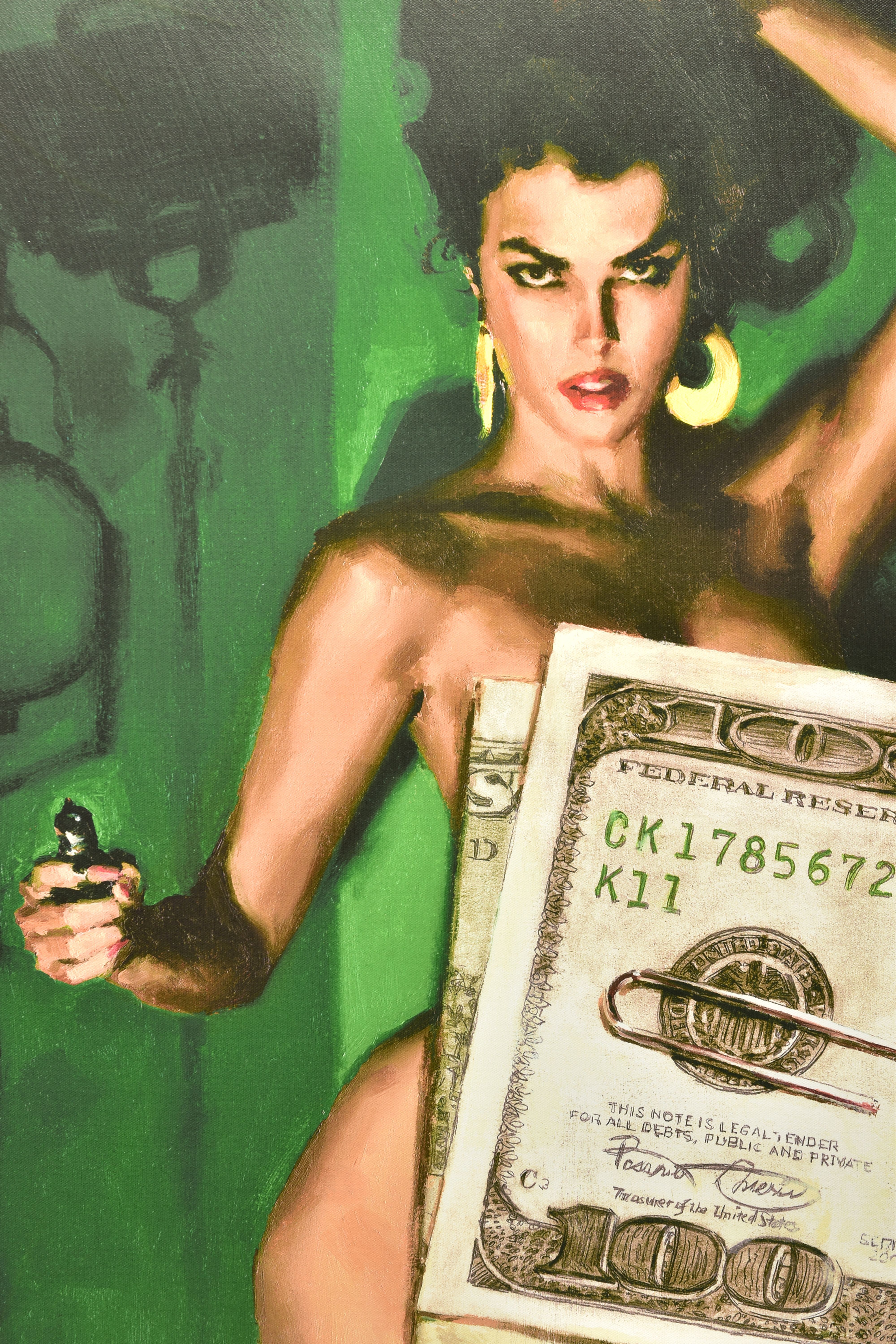 GLEN ORBIK (AMERICAN 1963 -2015) 'MONEY SHOT', a pulp noir study of a female figure holding a - Image 2 of 8