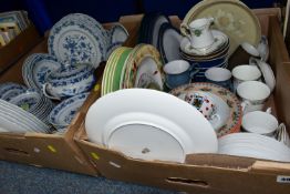 TWO BOXES OF DINNER AND TEA WARES, to include a part dinner set of blue and white fine china 'Blue