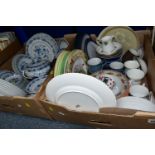 TWO BOXES OF DINNER AND TEA WARES, to include a part dinner set of blue and white fine china 'Blue