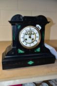 A VICTORIAN BLACK SLATE AND MALACHITE INLAID MANTEL CLOCK, the case with incised gilt foliate