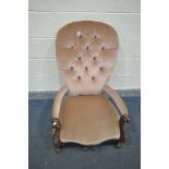 A VICTORIAN WALNUT HIGH BACK CHAIR, with open scrolled armrests, and cabriole front legs, width 45cm