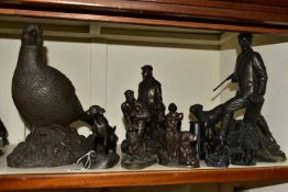 A GROUP OF BRONZED RESIN FIGURES AND E.J. MINING COAL ITEMS, comprising six bronzed resin figures of