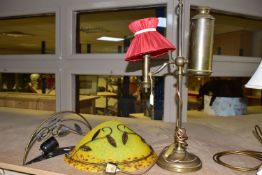 A BRASS STUDENT READING LAMP TOGETHER WITH TWO REPRODUCTION ART DECO WALL LIGHTS, (ONE ONLY WITH A