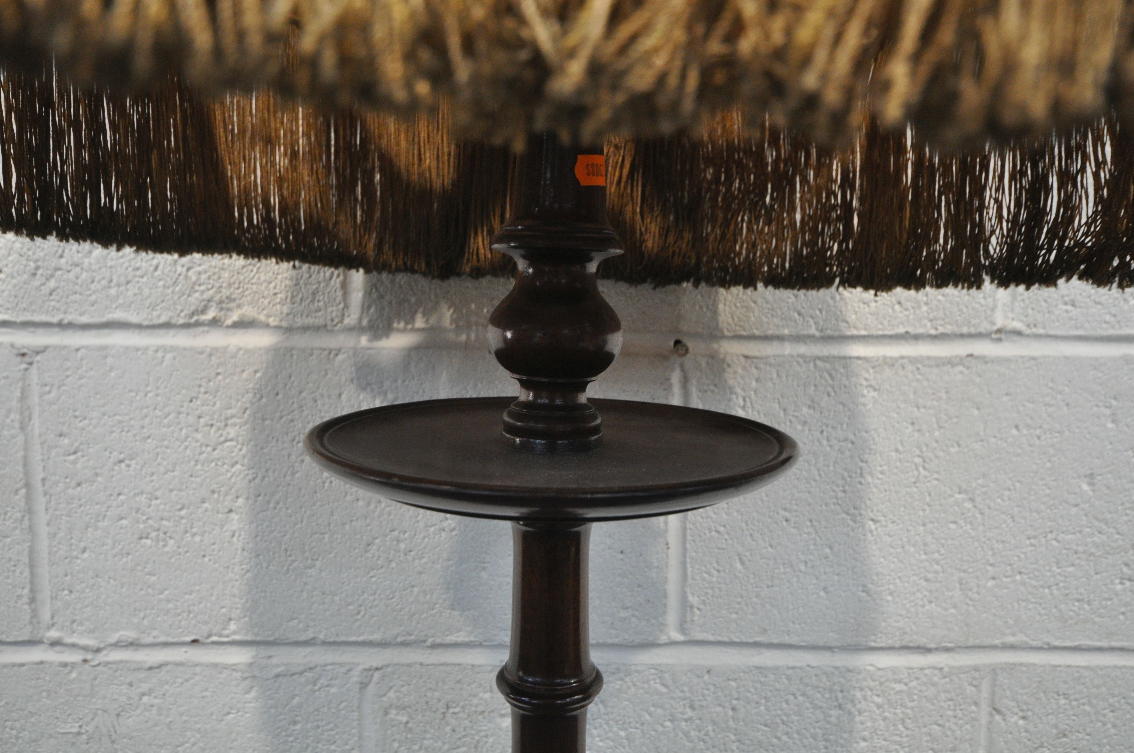 AN EARLY 20TH CENTURY MAHOGANY STANDARD LAMP, with a single shelf, hand painted shade, height with - Image 2 of 5