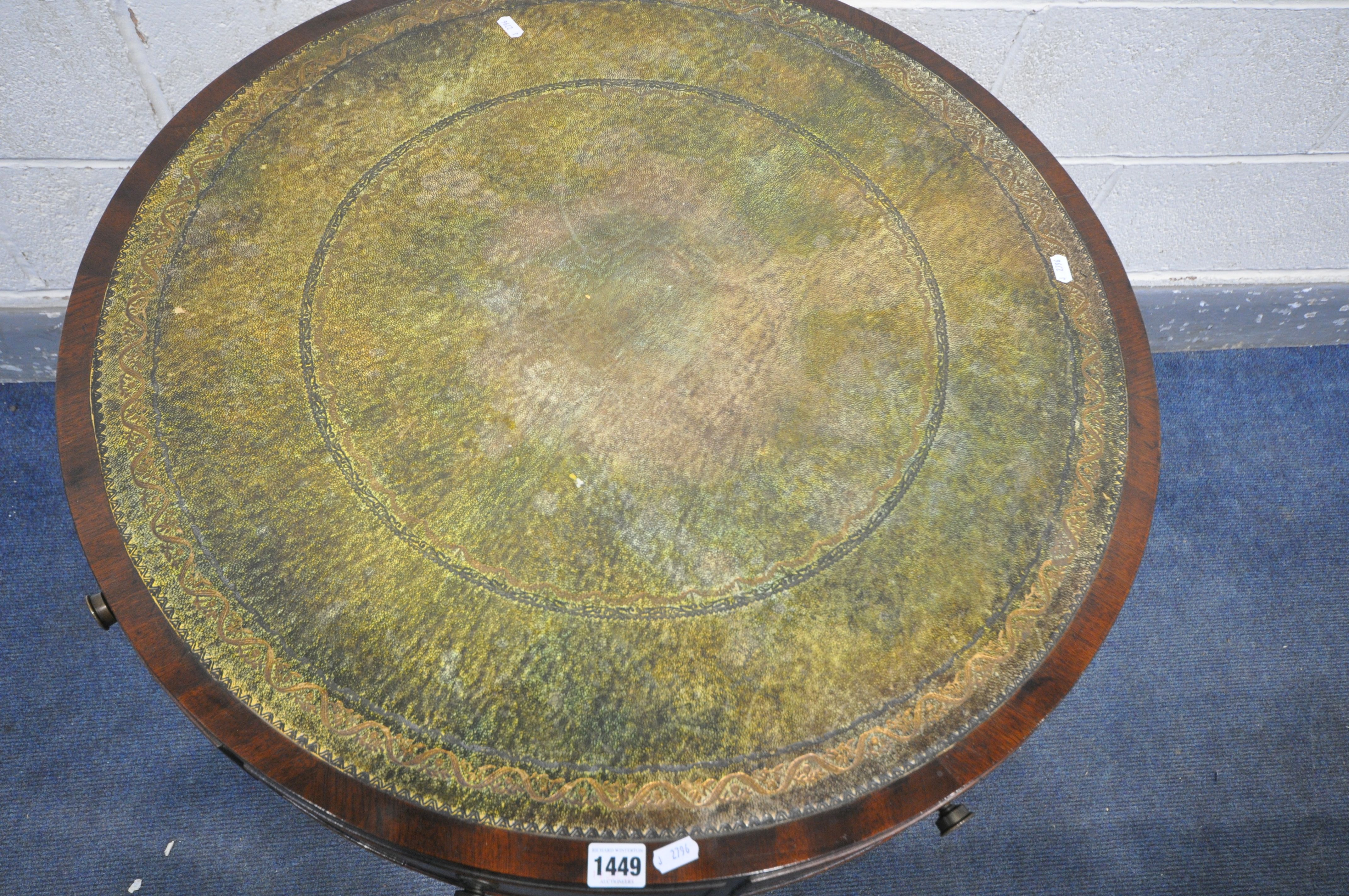 A REPRODUCTION MAHOGANY PEDESTAL DRUM TABLE, with a green leather and gilt tooled leather inlay top, - Image 2 of 4