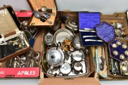 THREE BOXES OF ASSORTED WHITE METAL WARE, to include tea pots, coffee pots, pepperettes, rose