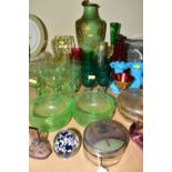 A SELECTION OF GLASS WARES TO INCLUDE URANIUM GLASS ITEMS, with two finger bowls, jug and six