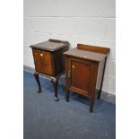A BURR WALNUT BEDSIDE CABINET, with a single door, on cabriole legs and scrolled feet, and a