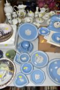 A QUANTITY OF WEDGWOOD BLUE JASPER WARE, to include The Josiah Wedgwood Bicentenary clock (