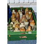 A BOX OF SALT GLAZED DRINKS BOTTLES etc to include Ginger Beer and stone beer bottles by Thompson's,