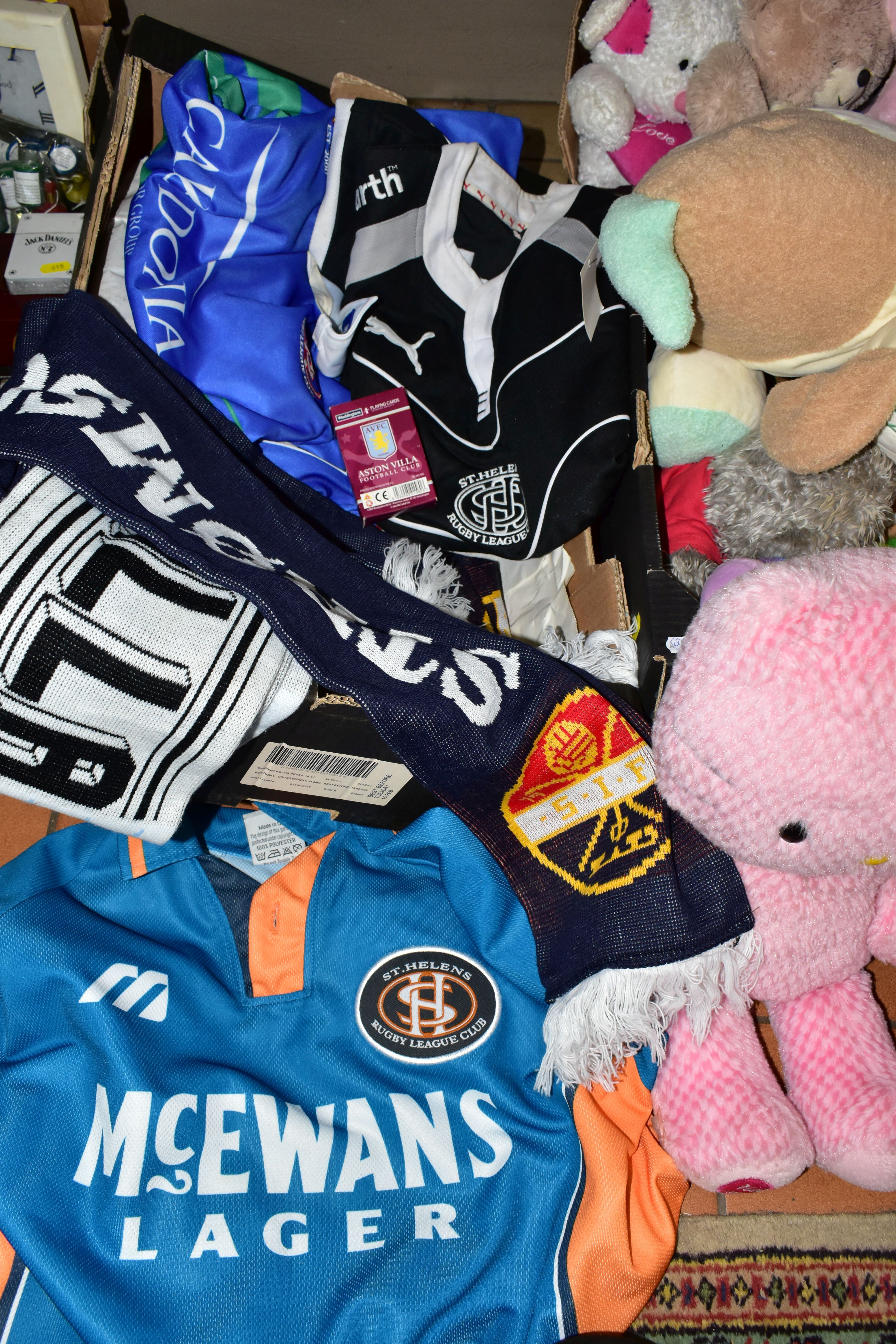 TWO BOXES OF RUGBY TOPS AND SOFT TOYS, to include a Villa scarf, three St. Helens rugby tops, - Image 4 of 4