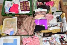 FOUR BOXES OF VINTAGE CLOTHING, ACCESSORIES, HOUSEHOLD LINENS AND SUNDRY ITEMS, to include vintage