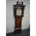 A GEORGIAN FLAME MAHOGANY AND CROSSBANDED EIGHT DAY LONGCASE CLOCK, the hood with swan neck