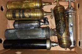A COLLECTION OF VINTAGE FIRE EXTINGUISHERS, including three brass (Pyrene 1965, Valor EW902R), a