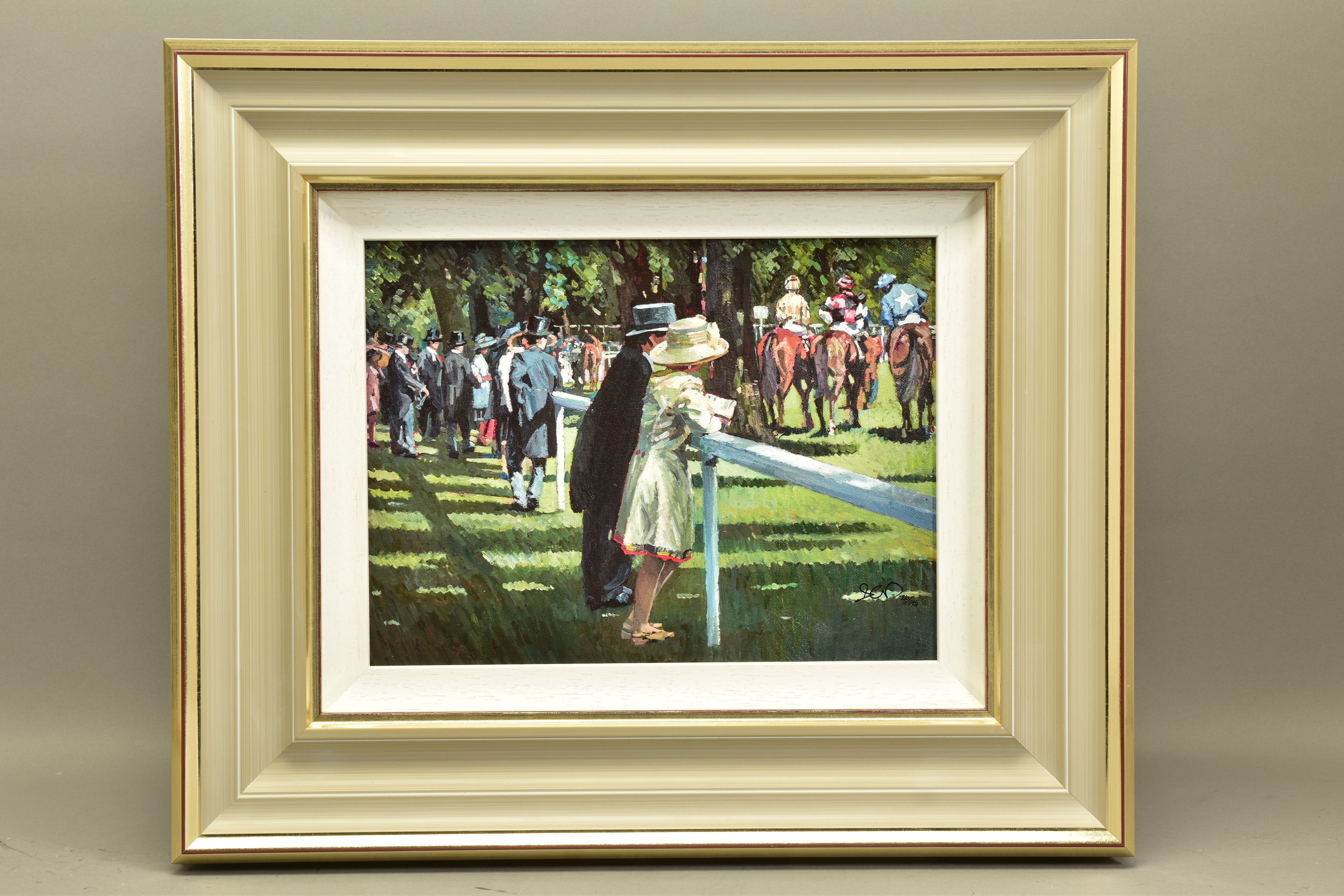 SHERREE VALENTINE DAINES (BRITISH 1959) '0N PARADE', a signed limited edition print of racegoers and