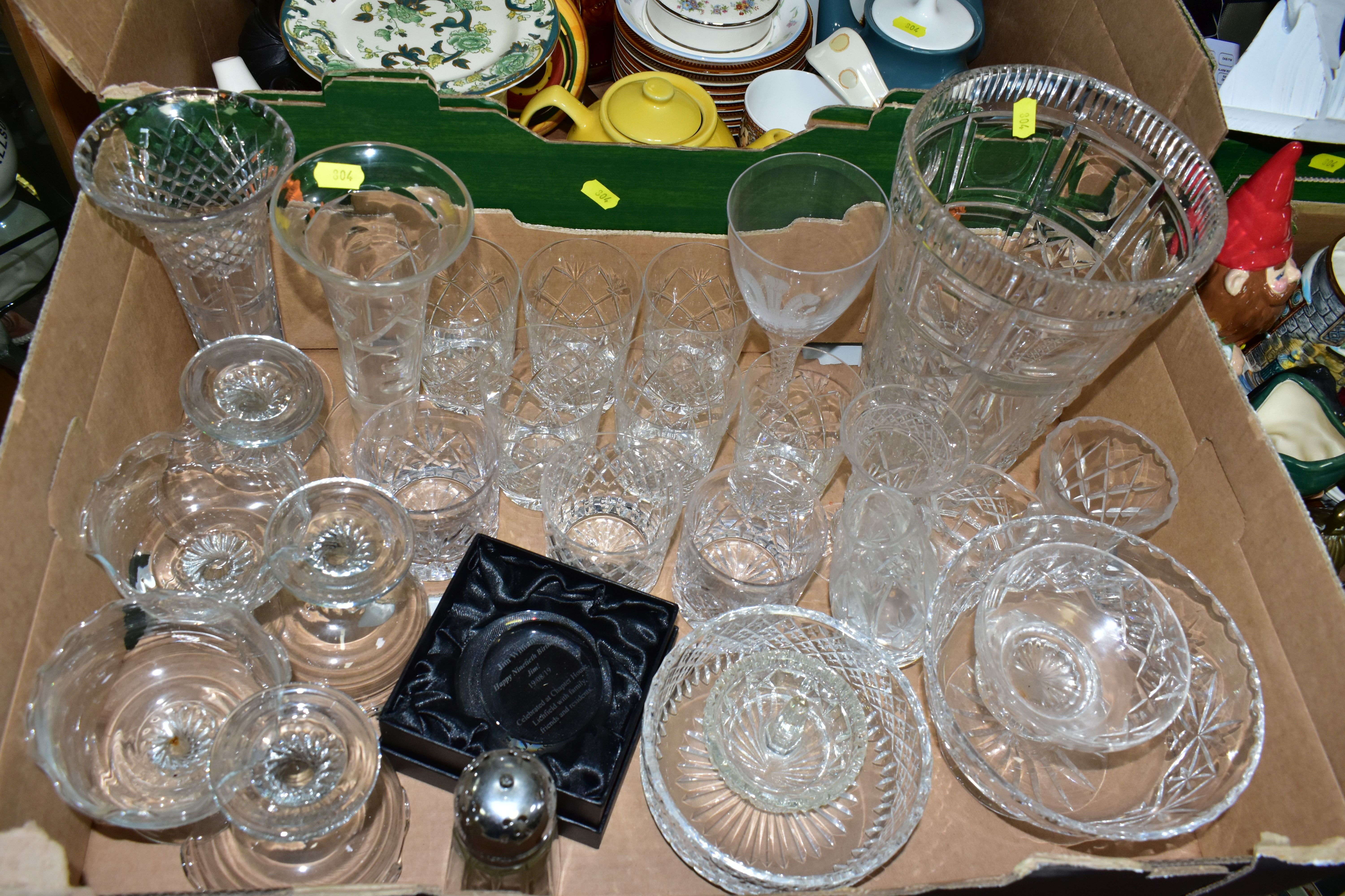 FOUR BOXES OF ASSORTED GLASS, CERAMICS, CDs, DVDs, to include a quantity of drinking glasses, a - Image 2 of 8