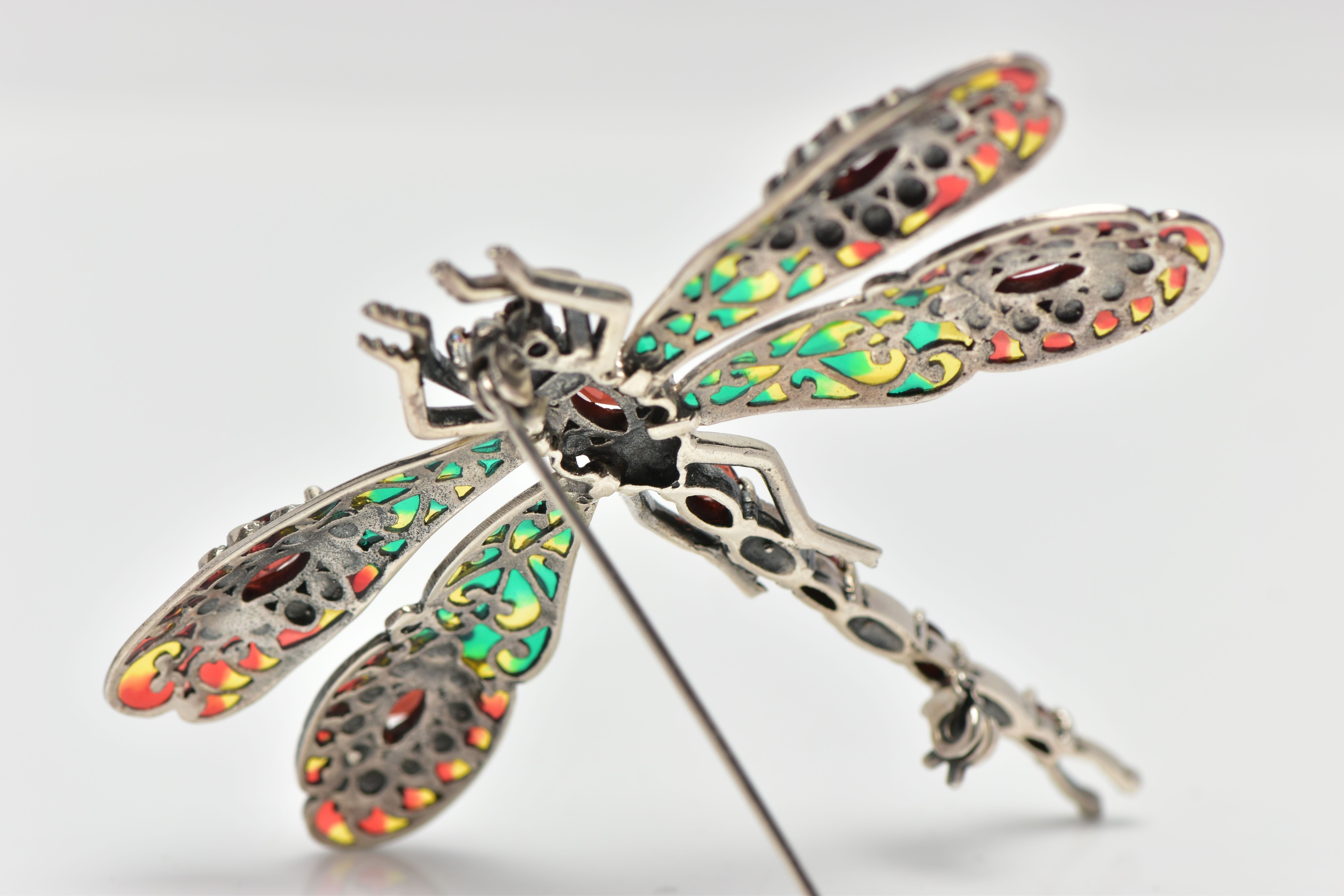 A PLIQUE A JOUR, GARNET AND MARCASTITE DRAGONFLY BROOCH, the dragonfly set with a marquise cut - Image 2 of 3