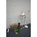 A BRASS AND GREEN GLASS BANKERS DESK LAMP, along with three standard lamps, a hardwood umbrella