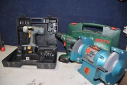 A CLARKE CBG6RZ BENCH GRINDER along with a Bosch PSR14-4LI cordless drill/driver with battery and