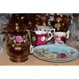 A GROUP OF VICTORIAN STAFFORDSHIRE COPPER LUSTRE WARE, to include twelve jugs some with three blue