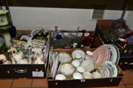FIVE BOXES OF GLASSWARE AND CERAMICS, to include an early 20th Century green ceramic jug, bowl and