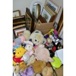 FOUR BOXES AND LOOSE PICTURES, SOFT TOYS AND SUNDRY ITEMS, to include thirty five framed prints,