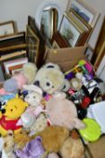 FOUR BOXES AND LOOSE PICTURES, SOFT TOYS AND SUNDRY ITEMS, to include thirty five framed prints,