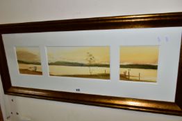 GED MITCHELL (BRITISH CONTEMPORARY) 'MINI LANDSCAPE TRIPTYCH IV', a panoramic water landscape with a
